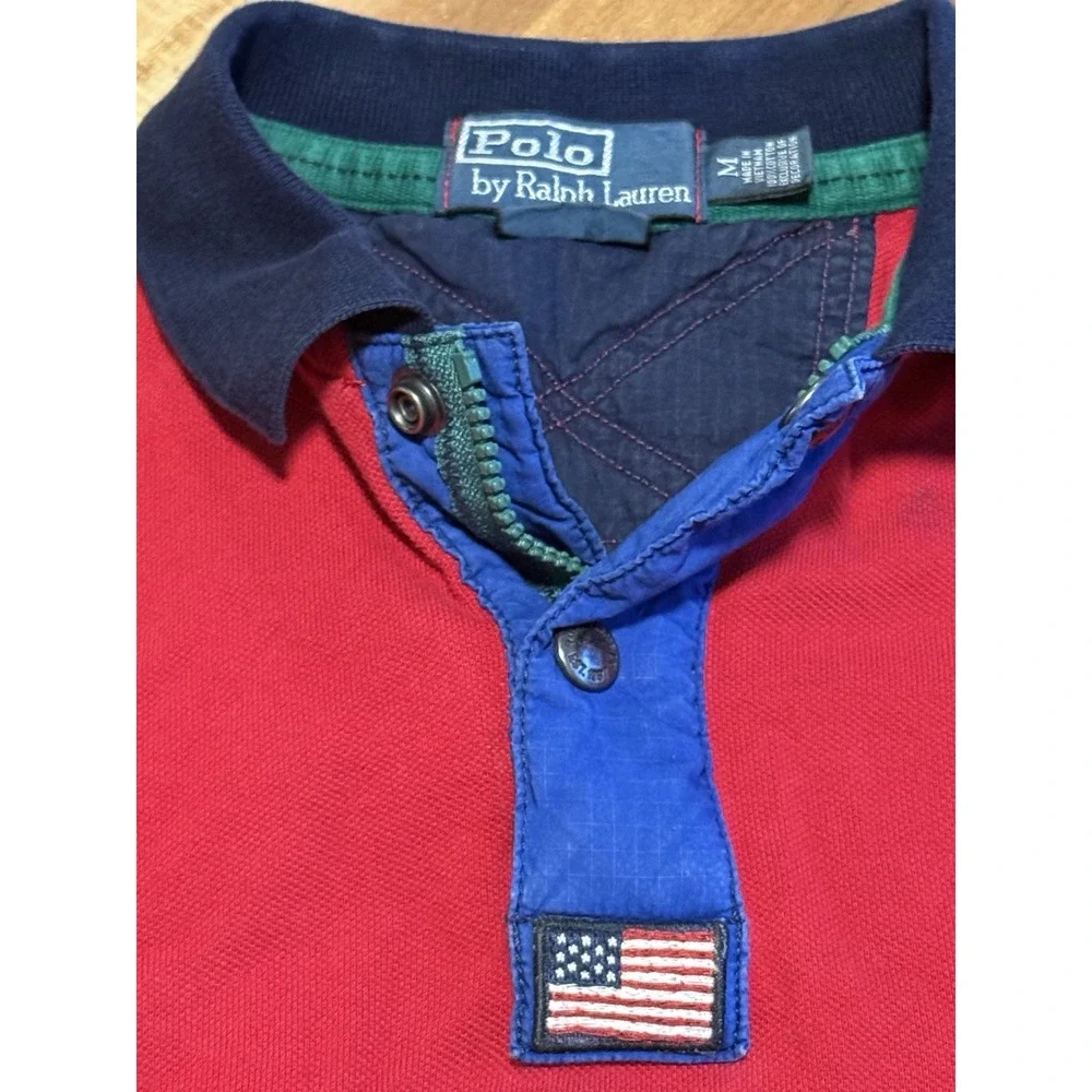 Vintage Ralph Lauren Polo Shirt M Big Pony American Flag 67 Rugby Snap Zip Patch